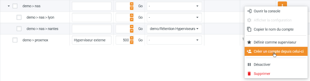 Création de compte descendant